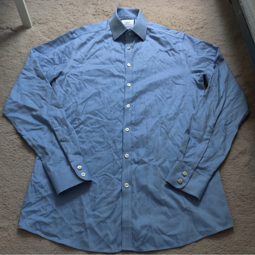 Charles Tyrwhitt Dress Shirt 15.5 37 Extra Slim Fit Non Iron Blue Herringbone - Picture 2 of 8